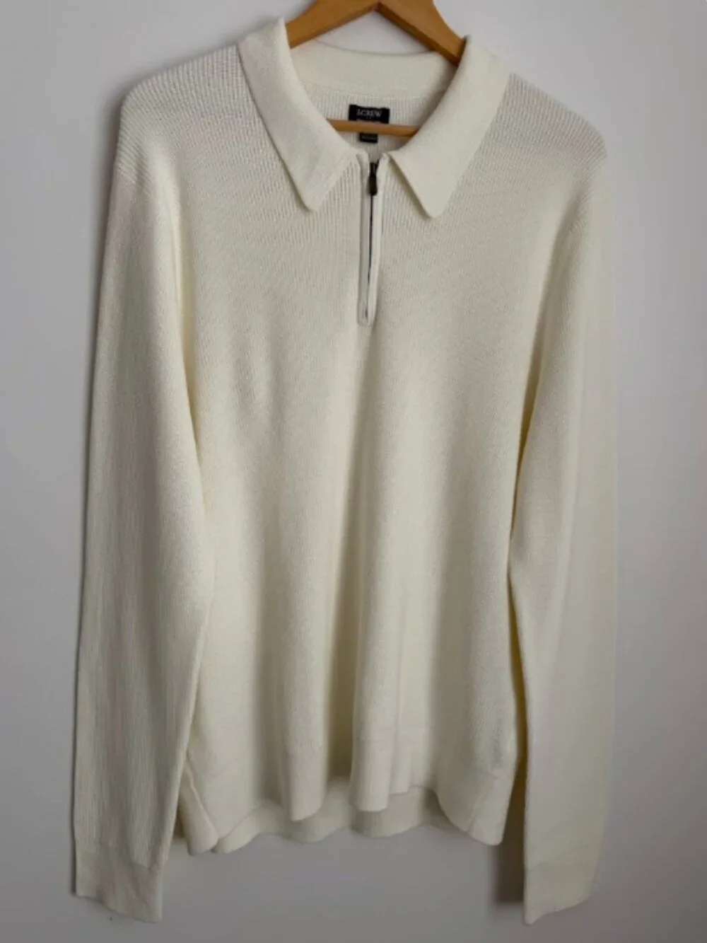 NWT J. Crew Me’s Ivory Ribbed Cotton Quarter-Zip Sweater Polo Size L